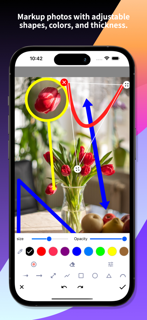 Snap Markup app interface showing a photo being annotated with colorful adjustable shapes and arrows on an iPhone