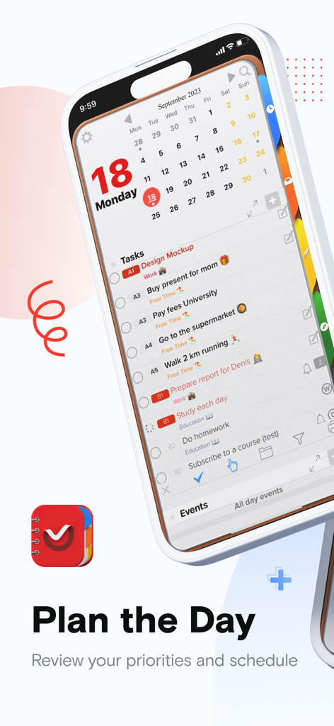 Opus One: Digital Planner - Interface of Opus One digital planner app showing a daily task list and calendar on an iPhone