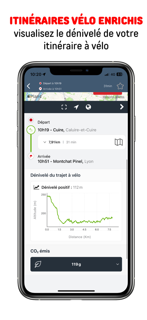 TCL - TCL app interface showing a bicycle itinerary with a graph of the route elevation and CO2 emission data.