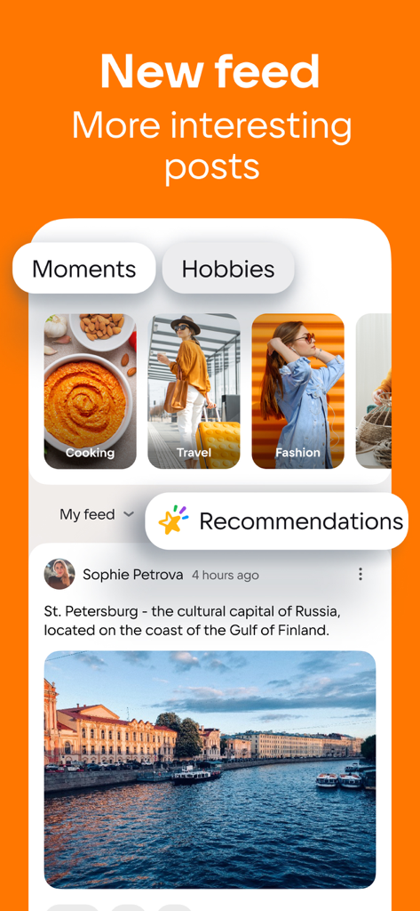 Interfaccia dell'app Odnoklassniki che mostra il nuovo feed social con hobby e consigli