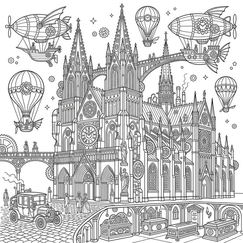 Unleash your creativity with this magnificent Steampunk Cathedral Tombs coloring page. Immerse yourself in a world where Gothic architecture meets futuristic gears and grand airships.