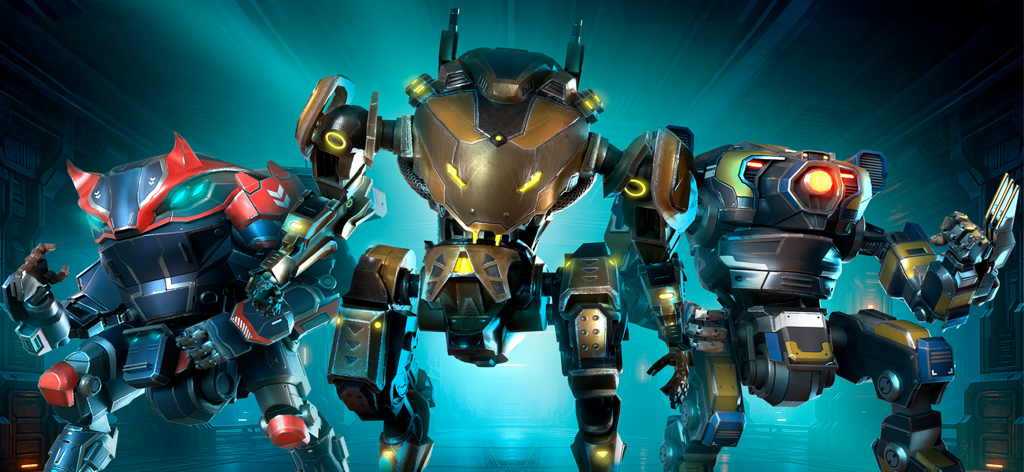 Mech Wars-Online Robot Battles - Tres poderosos robots de combate de Mech Wars de pie en un hangar futurista.