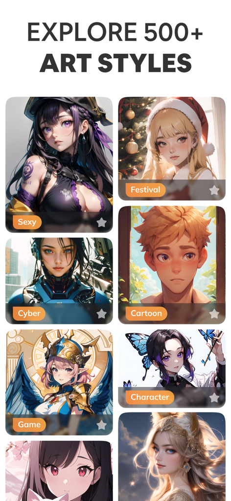 A grid showcasing diverse anime art styles and character designs available in the Neko AI app