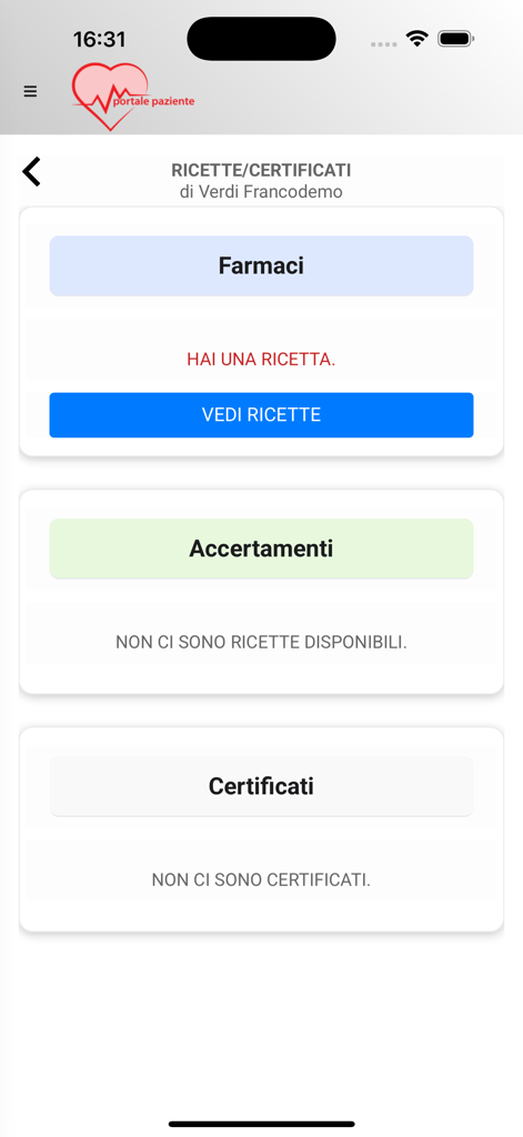 Portale paziente - Atlasmedica - Pantalla de la aplicación Atlasmedica que muestra recetas médicas y certificados de salud