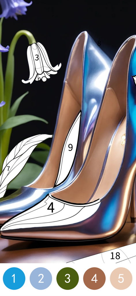 Interface de colorir por número com saltos altos metálicos elegantes e um fundo floral