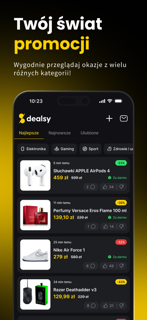 Dealsy - Promocje, Okazje - Interface principale de l'application Dealsy montrant des produits de marque en promotion comme des AirPods et des chaussures Nike