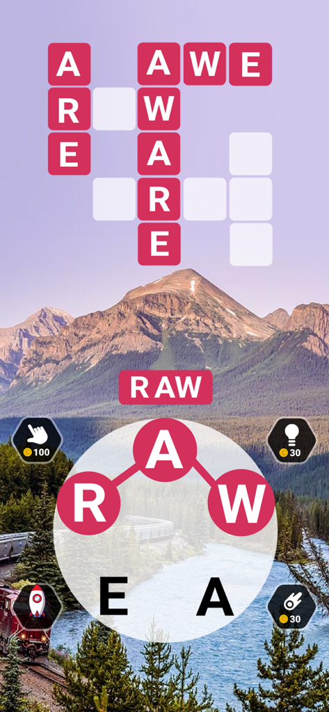 Word Galaxy Challenge - Word Galaxy Challenge gameplay showing a word puzzle over a mountain scenery