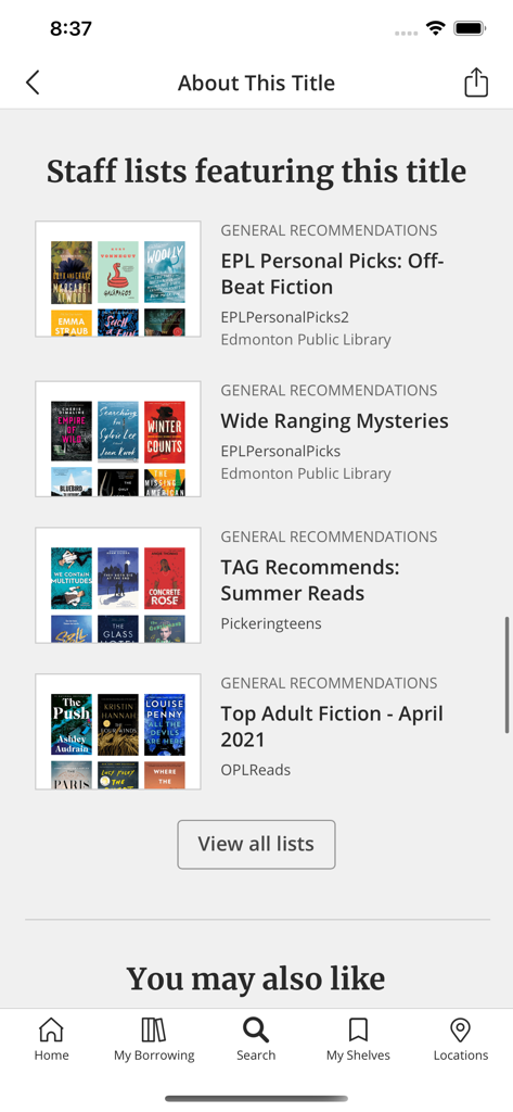 Edmonton Public Library - Edmonton Public Library app showing staff curated book recommendation lists