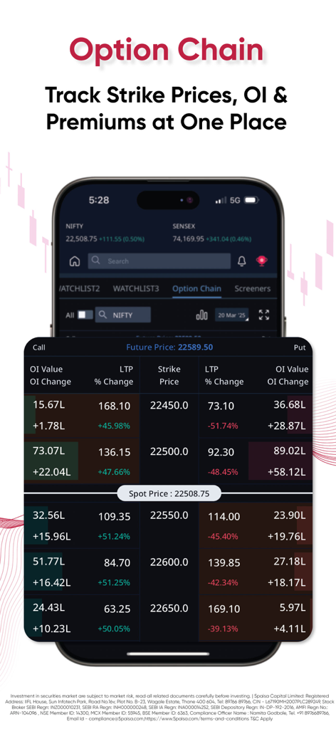 5paisa: Share Market, MF, IPO - 権利行使価格と建玉を追跡するための5paisaオプションチェーンインターフェースを表示するモバイルアプリ画面