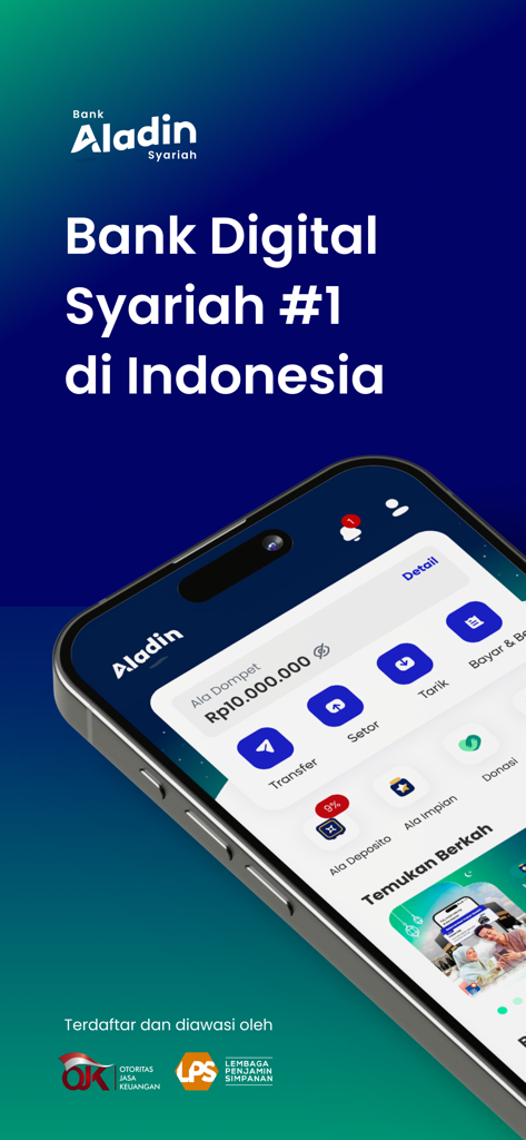 Aladin Bank Shariaデジタルバンキングアプリのインターフェース、口座の特徴を表示