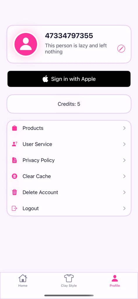 AI Fans - AI Generator - User profile and account settings screen in the AI Fans app showing credit balance and menu options