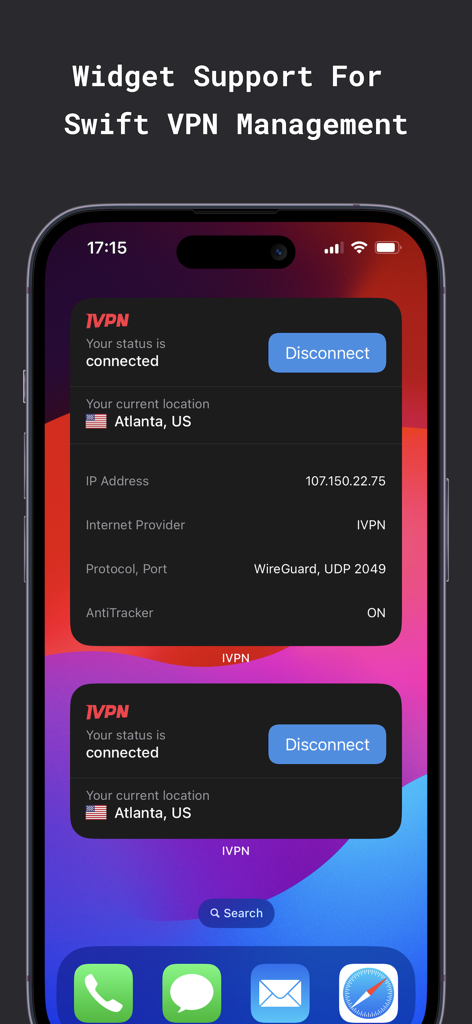 IVPN iOS widgets on an iPhone home screen showing connection status and WireGuard protocol details
