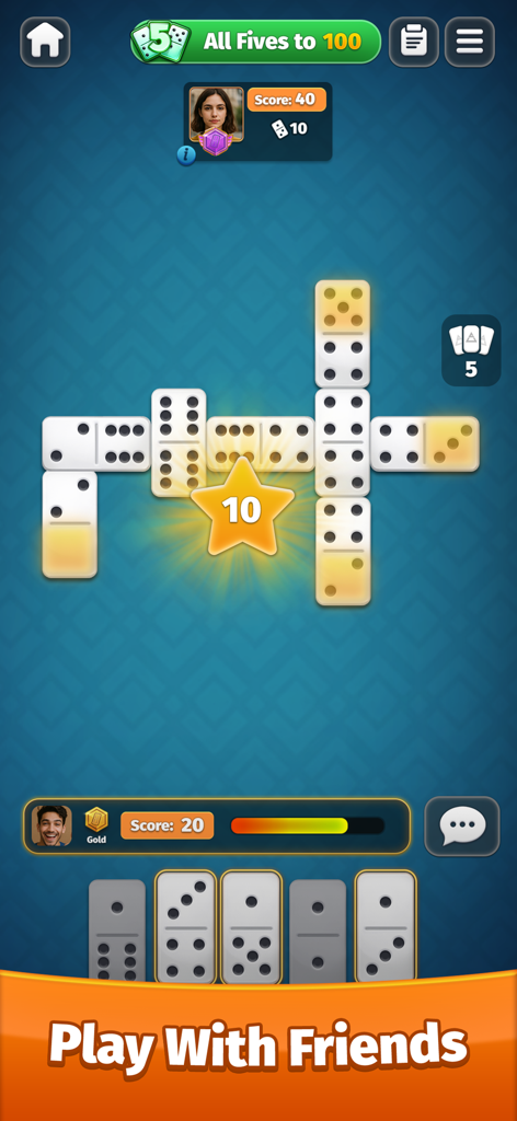Domino online - play dominoes! - Una partida online de dominó All Fives con dos jugadores y un marcador destacado en el tablero.