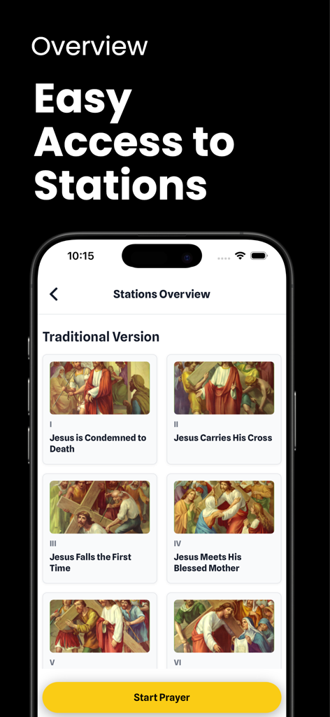 Interface d'application mobile montrant un aperçu des prières catholiques traditionnelles avec des illustrations religieuses et un bouton de prière de démarrage.