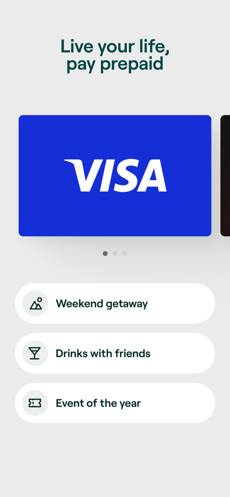 Bitrefill: Gift Cards & eSIM - Tela do app Bitrefill mostrando um cartão Visa pré-pago azul com opções para escapadas de fim de semana e eventos sociais