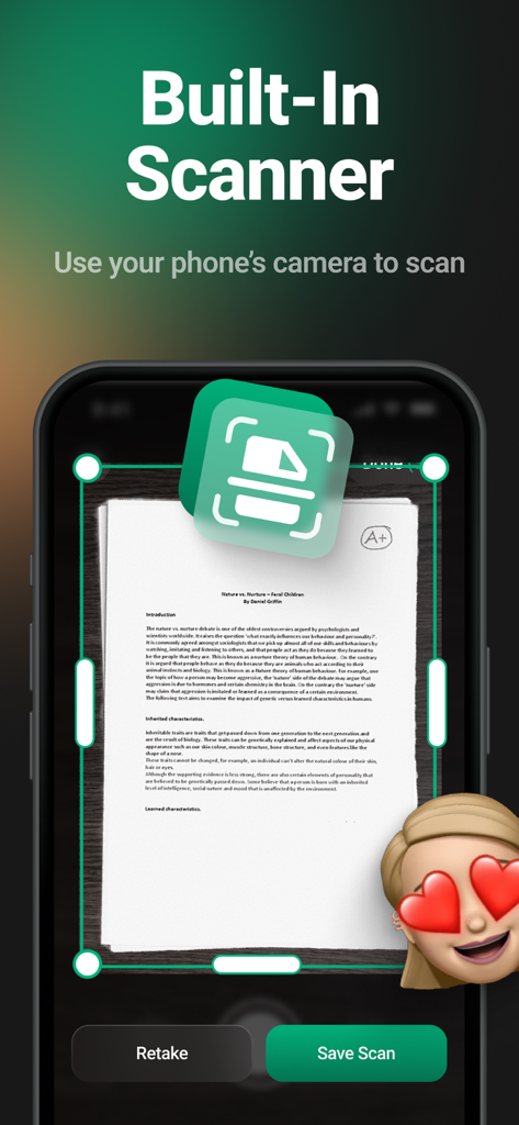 For Every Printer - PrintJet - Interface of the PrintJet app showing the built-in mobile scanner scanning a document with the phone camera.