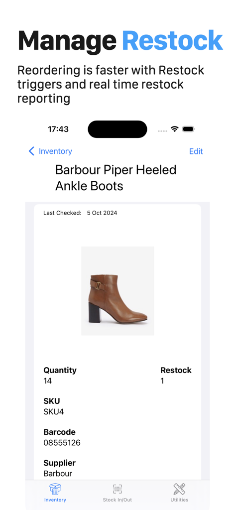 Inventory Management Pro App-Bildschirm mit Produktdetails, Lagerbeständen und Nachbestellungs-Triggern für ein Paar Stiefel.
