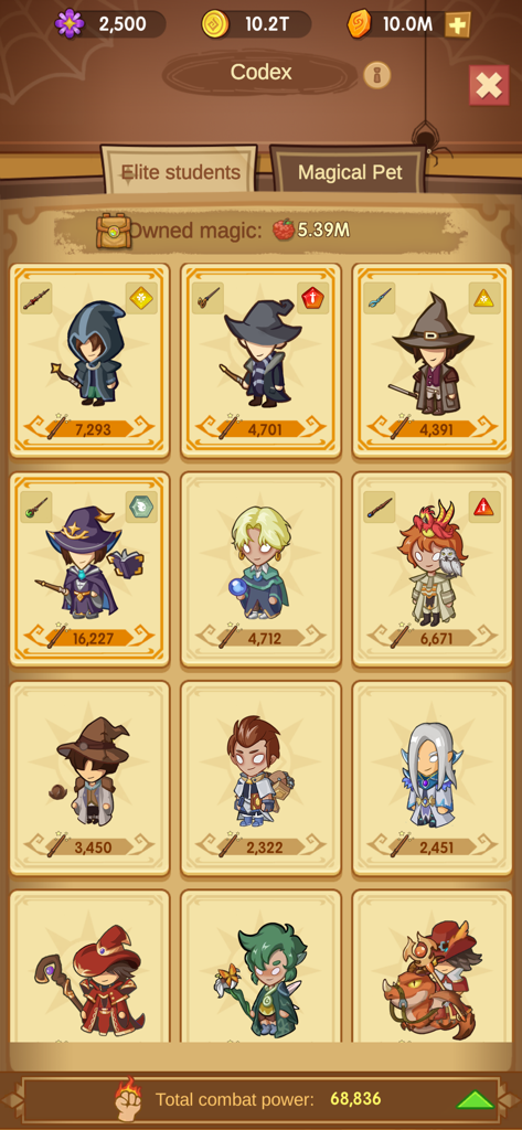 Idle Magic Academy - Um menu em Idle Magic Academy mostrando uma coleção de estudantes de magia de elite com seus níveis de poder de combate.