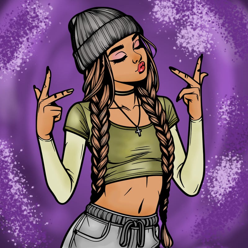 realistic teenage girl with braids and a beanie and crop top doing 🫶🏼