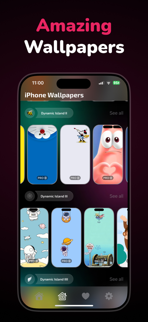 Watch Faces & Wallpapers - Gallery of creative iPhone wallpapers featuring dynamic island integration and cartoon character designs