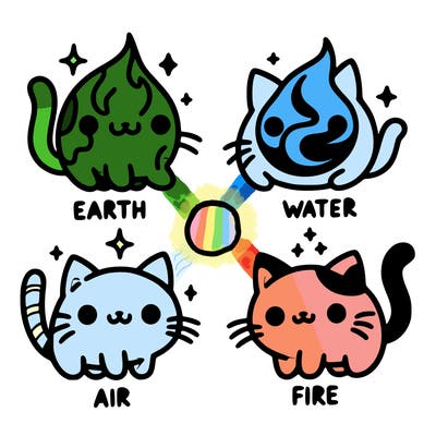 4 cats that represent the different elements, earth, water, air, and fire