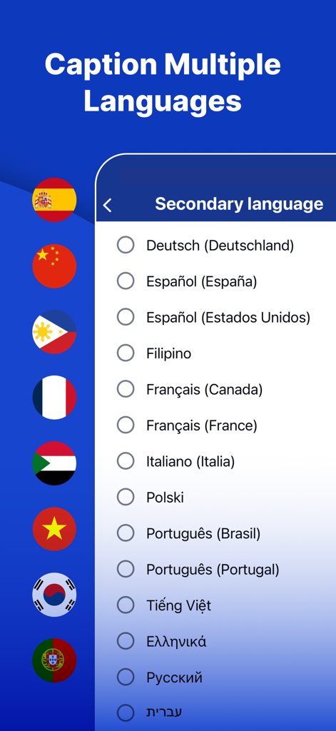 InnoCaption: Call Captioning - Screen from the InnoCaption app showing a list of secondary language options for call captioning with various international flags.
