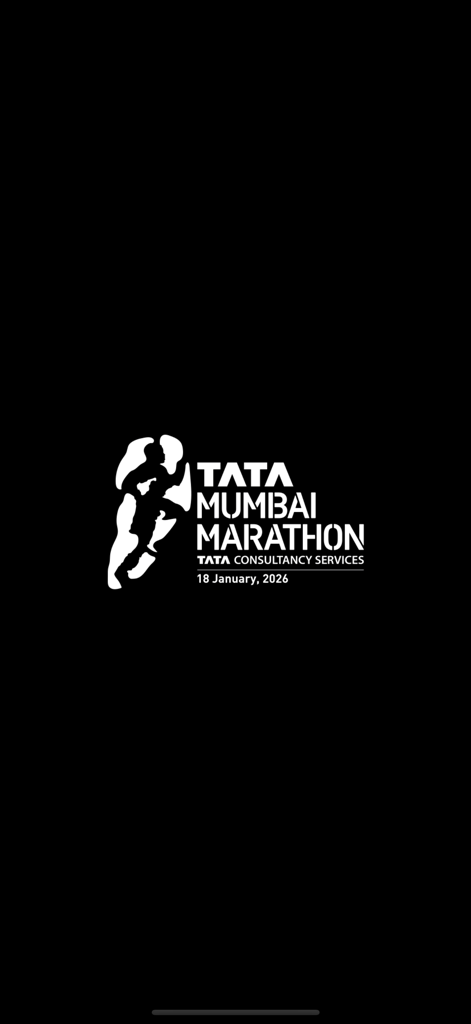 Schermata iniziale dell'app TMM 2026 con il logo della Tata Mumbai Marathon e la data dell'evento