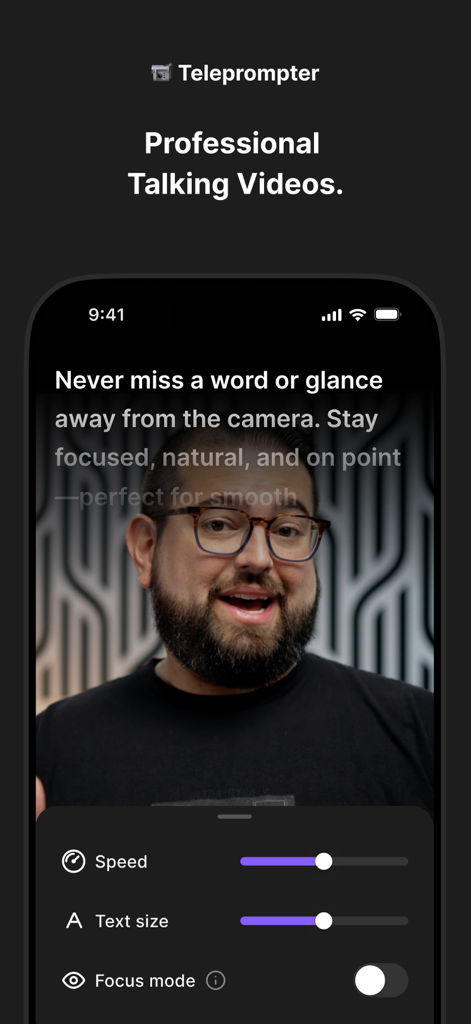 Riverside Podcast Video Studio - Interfaccia dell'app Riverside che mostra un gobbo per la registrazione video professionale con velocità e dimensione del testo regolabili