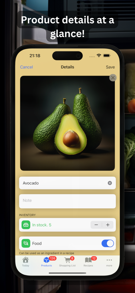 Mobile app screen showing avocado product details including inventory stock level and a photo.