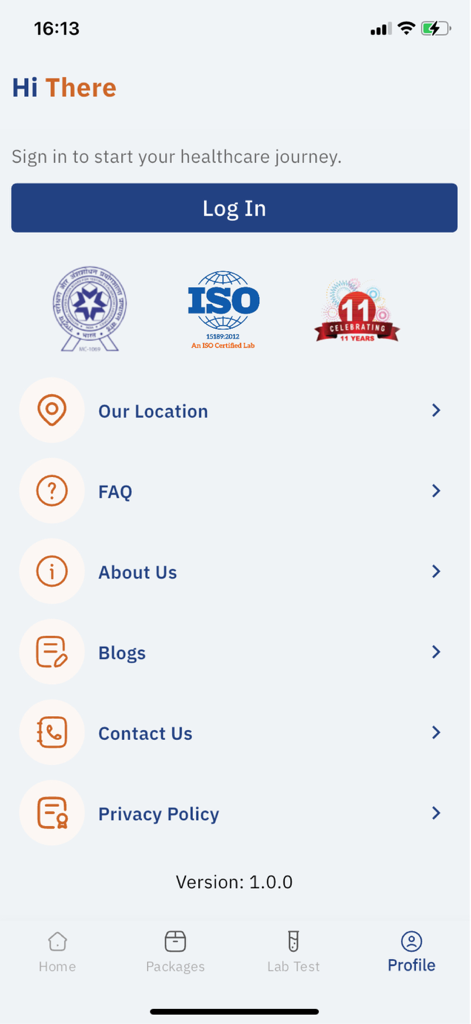 National Path Lab - The profile screen of the National Path Lab mobile app featuring a login button, accreditation logos, and navigation menu.