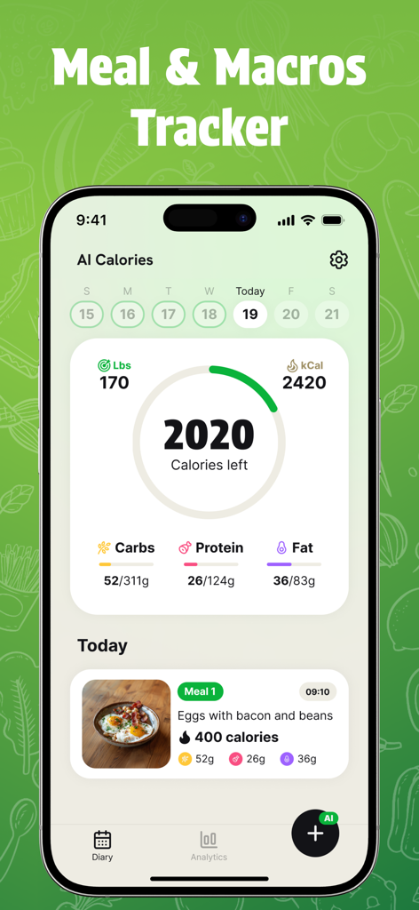 AI Calories: Scanner & Counter - AI Calories app dashboard displaying daily calorie remaining and macro nutrient progress