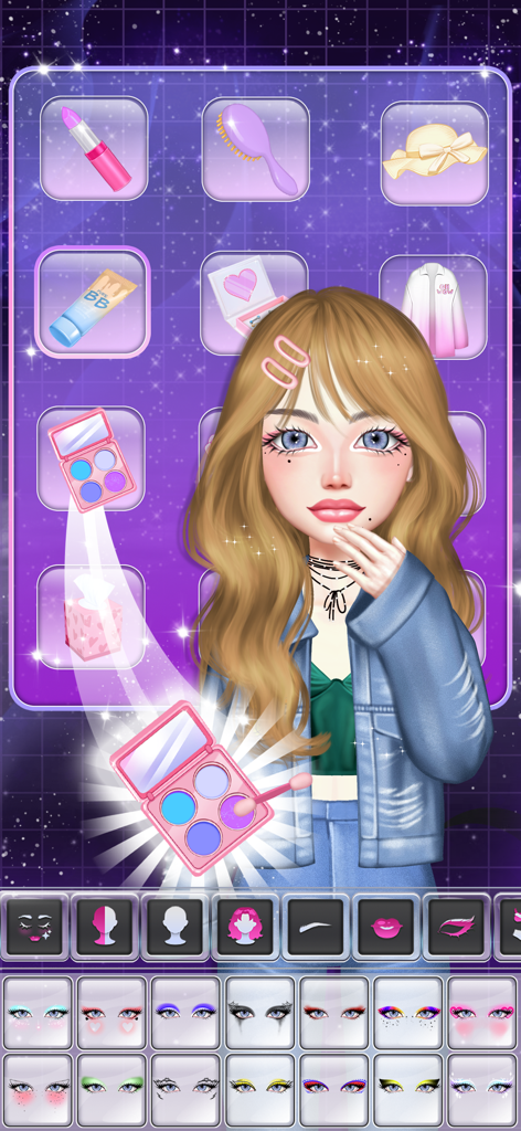 Forever Girls: Avatar Dress Up - Personalizando un avatar de chica con maquillaje y estilos de ojos en la interfaz de la aplicación Forever Girls