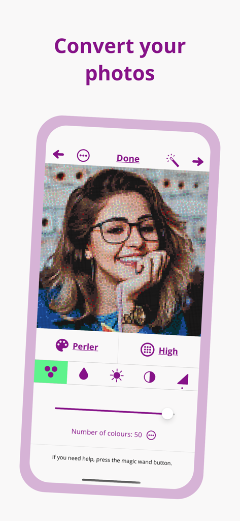 Perlypop: Perler beads - Interfaz de la aplicación Perlypop mostrando una foto de retrato siendo convertida en un patrón pixelado de cuentas Perler