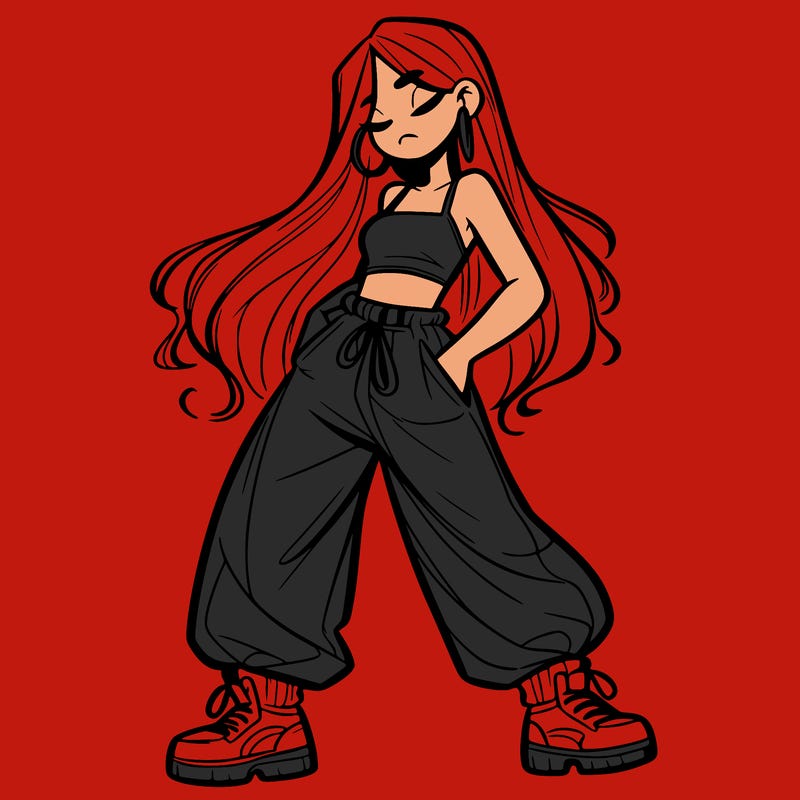 girl in baggy pants crop top and long hair