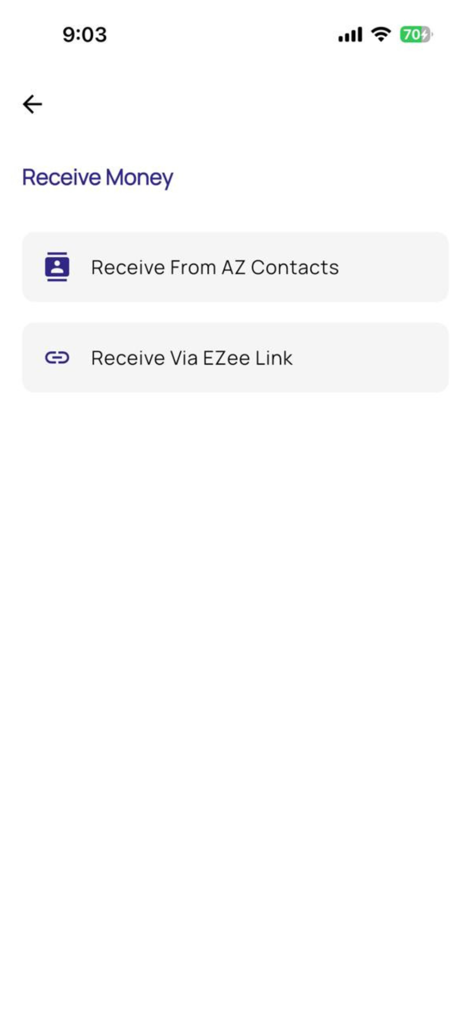 AZ eWallet - AZ eWallet app screen showing options to receive money from AZ contacts or via EZee link