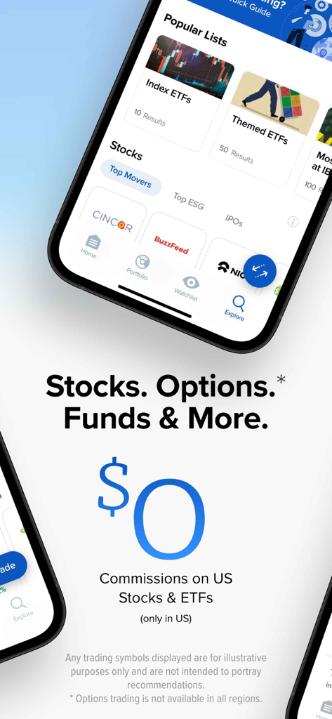 IBKR GlobalTrader - IBKR GlobalTrader app screen showing zero commission US stock trading and popular ETF lists.