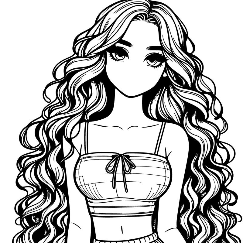 realistic girl with long curly hair and a crop top