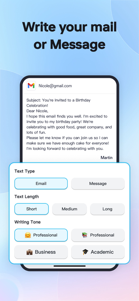 TypeEasy-AI Keyboard & Writer - TypeEasy AIライティングアシスタントインターフェース。メールやメッセージのテキストタイプ、長さ、トーンを選択するためのもの。