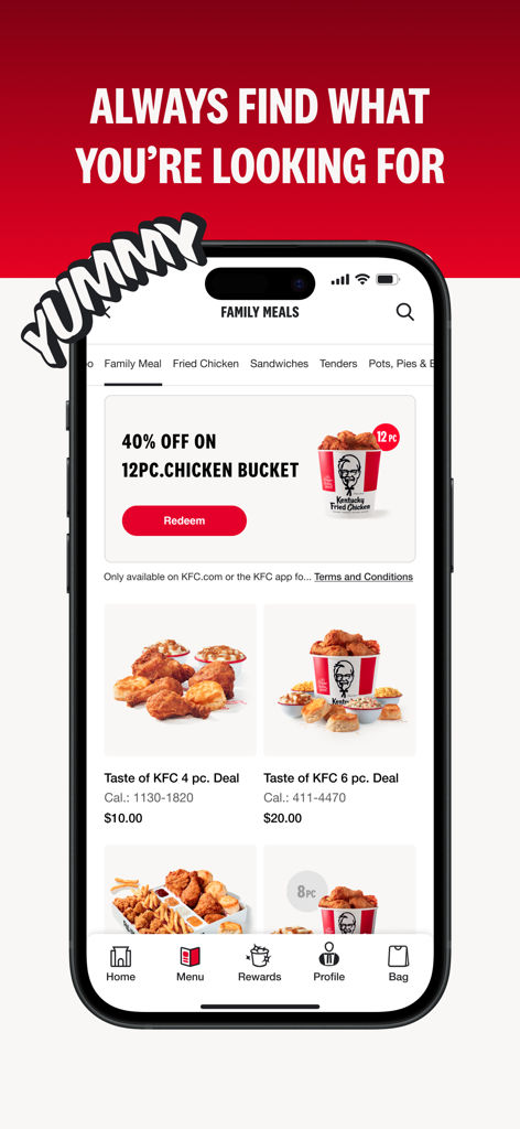 KFC mobile app interface displaying family meal options and a special discount on a 12 piece chicken bucket