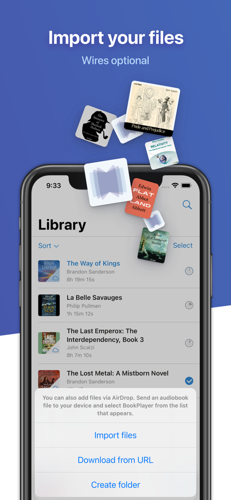 BookPlayer - Interfaccia della libreria dell'app BookPlayer che mostra le opzioni per importare e gestire i file degli audiolibri