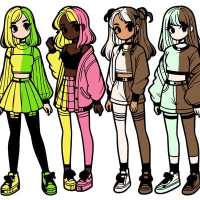 one girl with crop-top shirt and a jacket with a skirt, long socks and another girl with a shirt and pants with a jacket