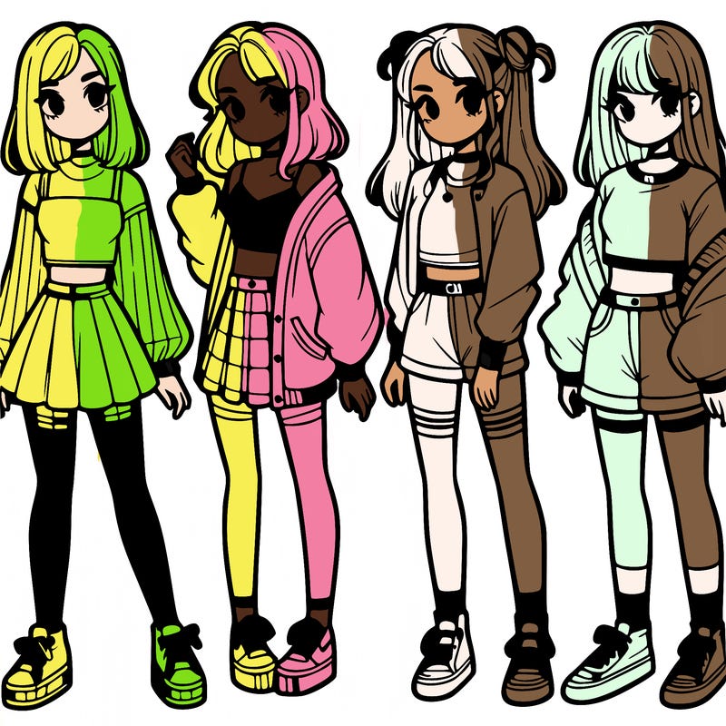 one girl with crop-top shirt and a jacket with a skirt, long socks and another girl with a shirt and pants with a jacket