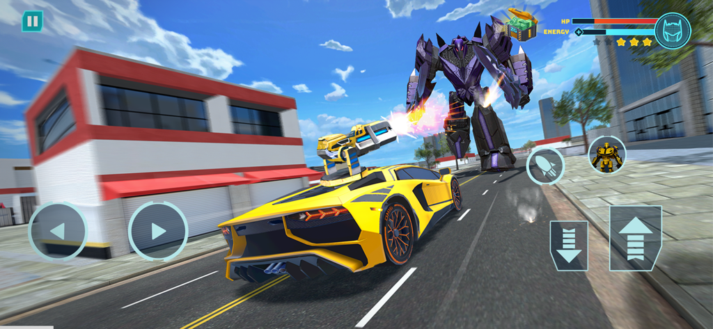 Ein gelbes Sportauto mit einer Dachkanone schießt auf einen riesigen lila Roboter in einer Stadtstraße