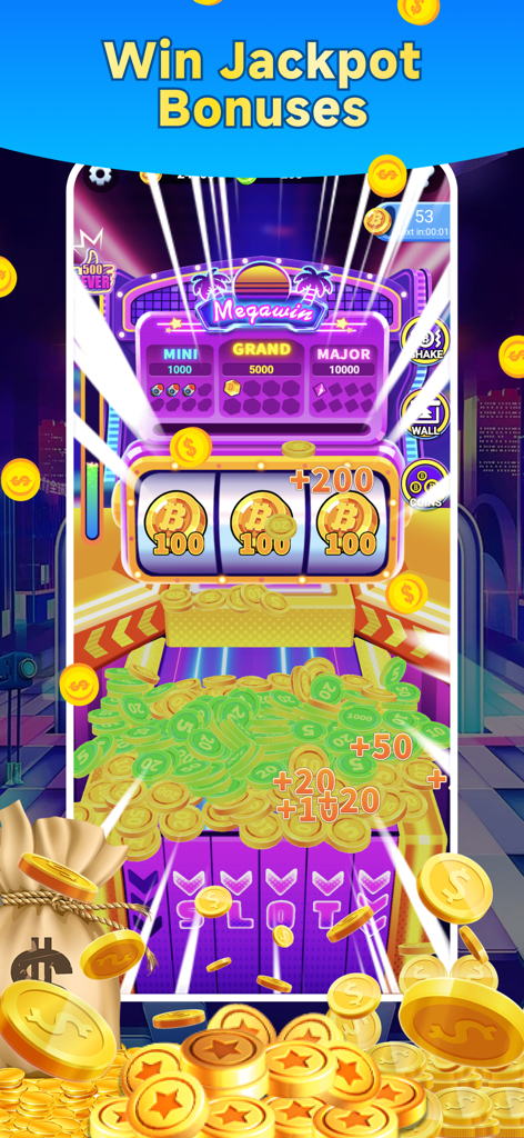 Lucky Pusher: Coin Dozer Game - Lucky Pusher gameplay screenshot showing a coin dozer machine with a neon slot machine and jackpot bonuses
