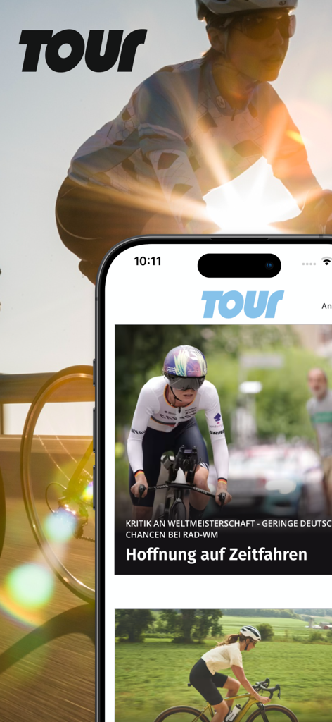 TOUR - Un teléfono móvil mostrando la interfaz de la aplicación TOUR con noticias y artículos de ciclismo de carretera