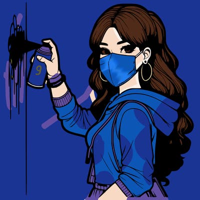 realistic girl with mask spray painting a wall