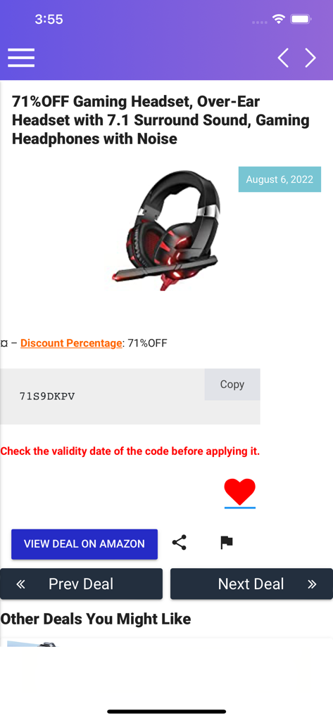 Coupons For Shopping Online - Bildschirm der mobilen App, der einen Rabatt von 71 Prozent auf ein Gaming-Headset mit kopierbarem Amazon-Promo-Code und einem Link zur Anzeige des Angebots zeigt.