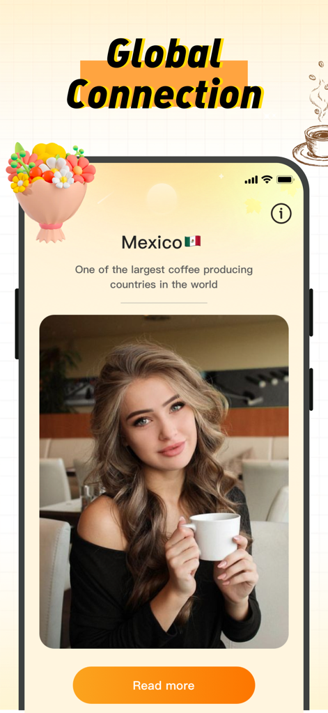 Kafi - 커피잔을 든 여성의 모습이 특징인 Kafi 앱의 멕시코 커피 문화 모바일 화면.