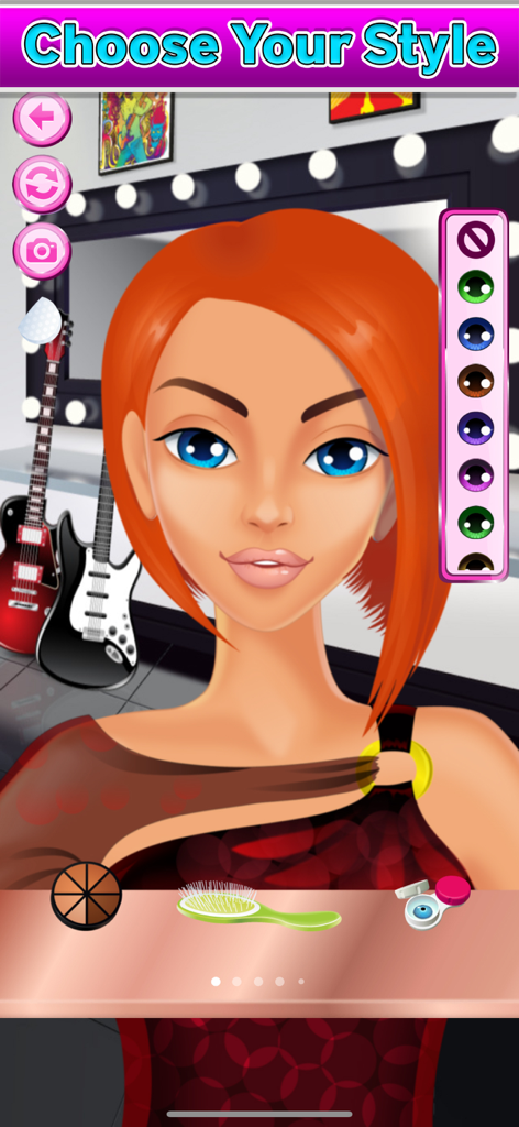 A character in Makeup Girls being styled with blue eyes and orange hair in a rockstar themed dressing room with electric guitars