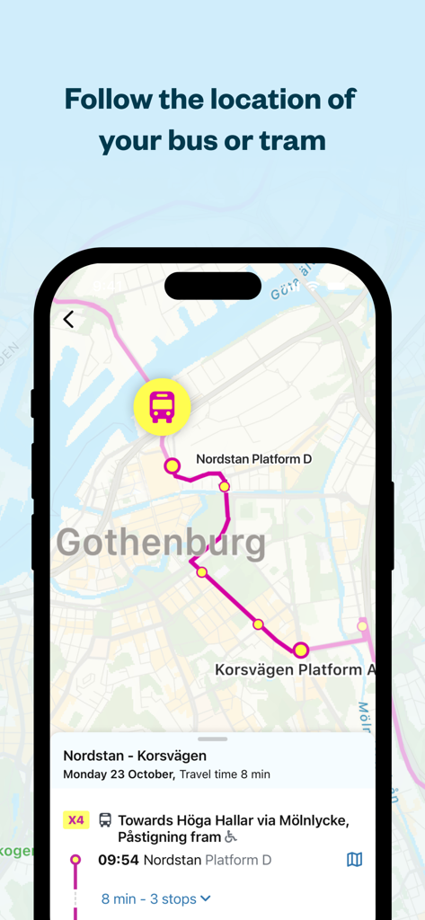 Mappa di tracciamento in tempo reale di autobus e tram nell'app Västtrafik To Go